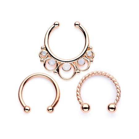Body Candy 3Pc 16G Rose Gold Tone Steel Non Pierced Faux Clip On Septum Nose Hoop White Accent (Best Way To Get Nose Pierced)