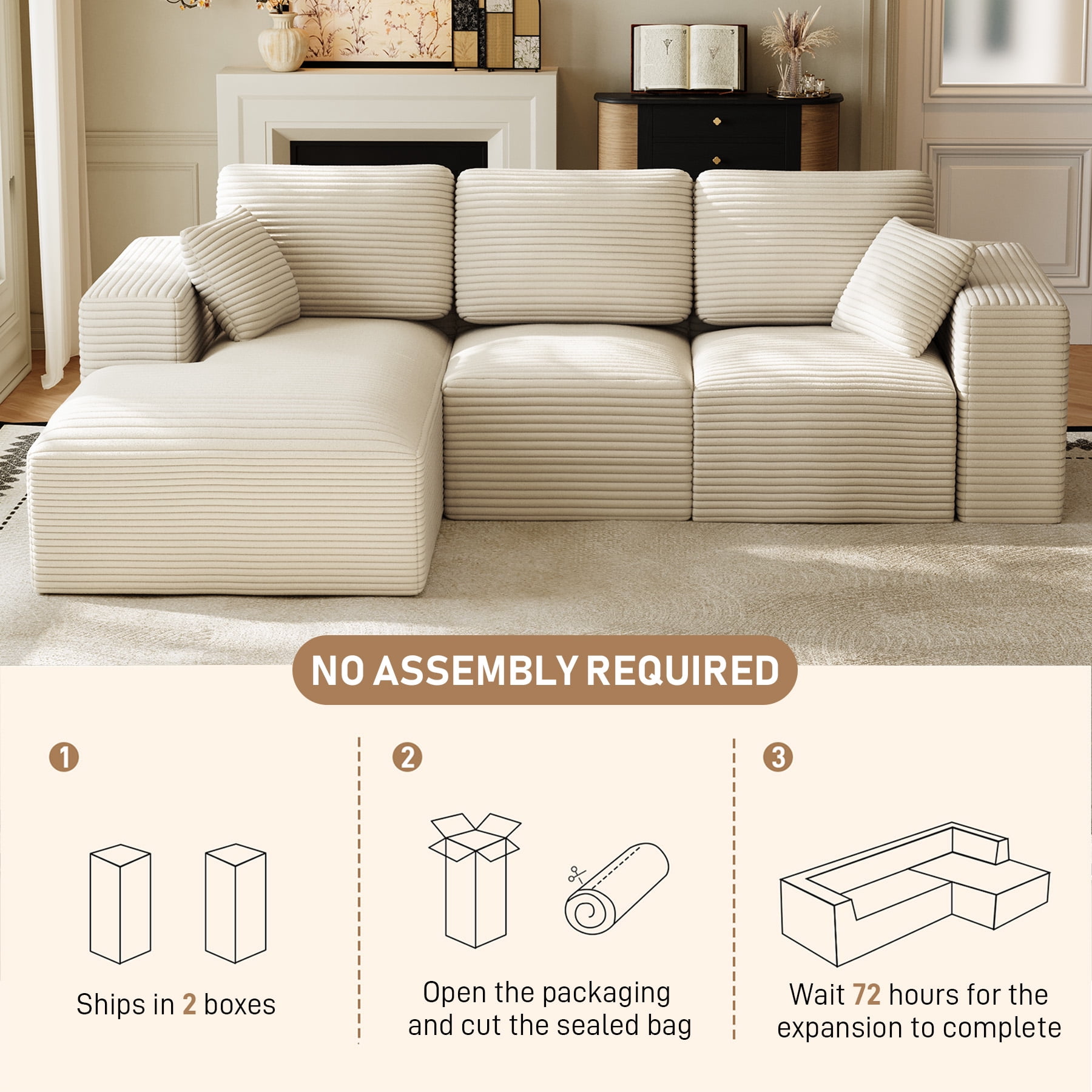 Wiilayok 109" Cloud Sectional Couch with L-Shape Chaise,Modern Modular Sofa with Deep Seat, Comfy Boneless Upholstered Couches for Living Room Bedroom,Beige White