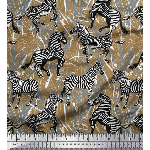 Soimoi Brown Silk Fabric Leaves & Wild Animal Decor Fabric Printed BTY 42 Inch Wide
