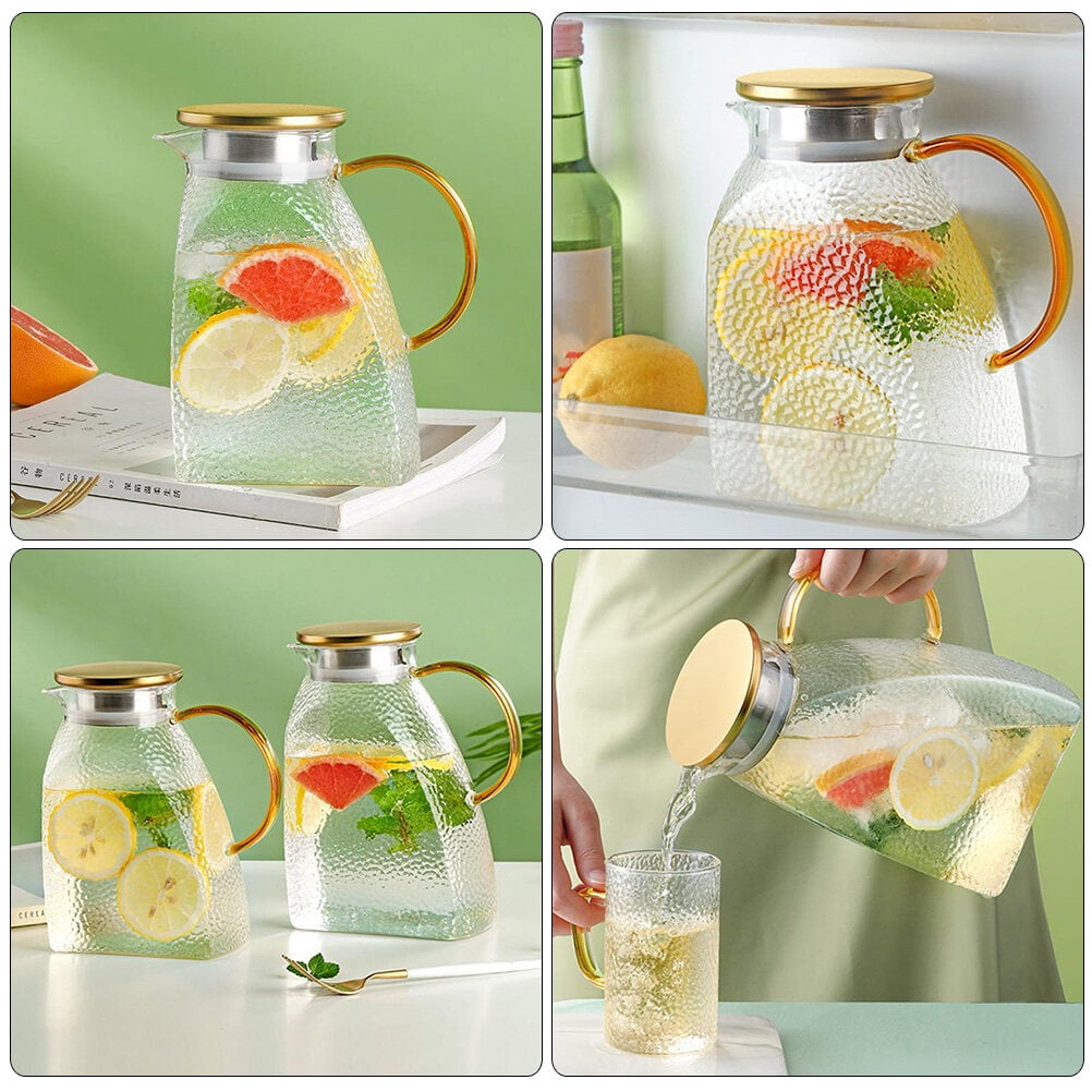 63Oz Ribbed Fridge Pitcher with Lid and Spout,2Pcs Glass Pitcher with  Handle, La