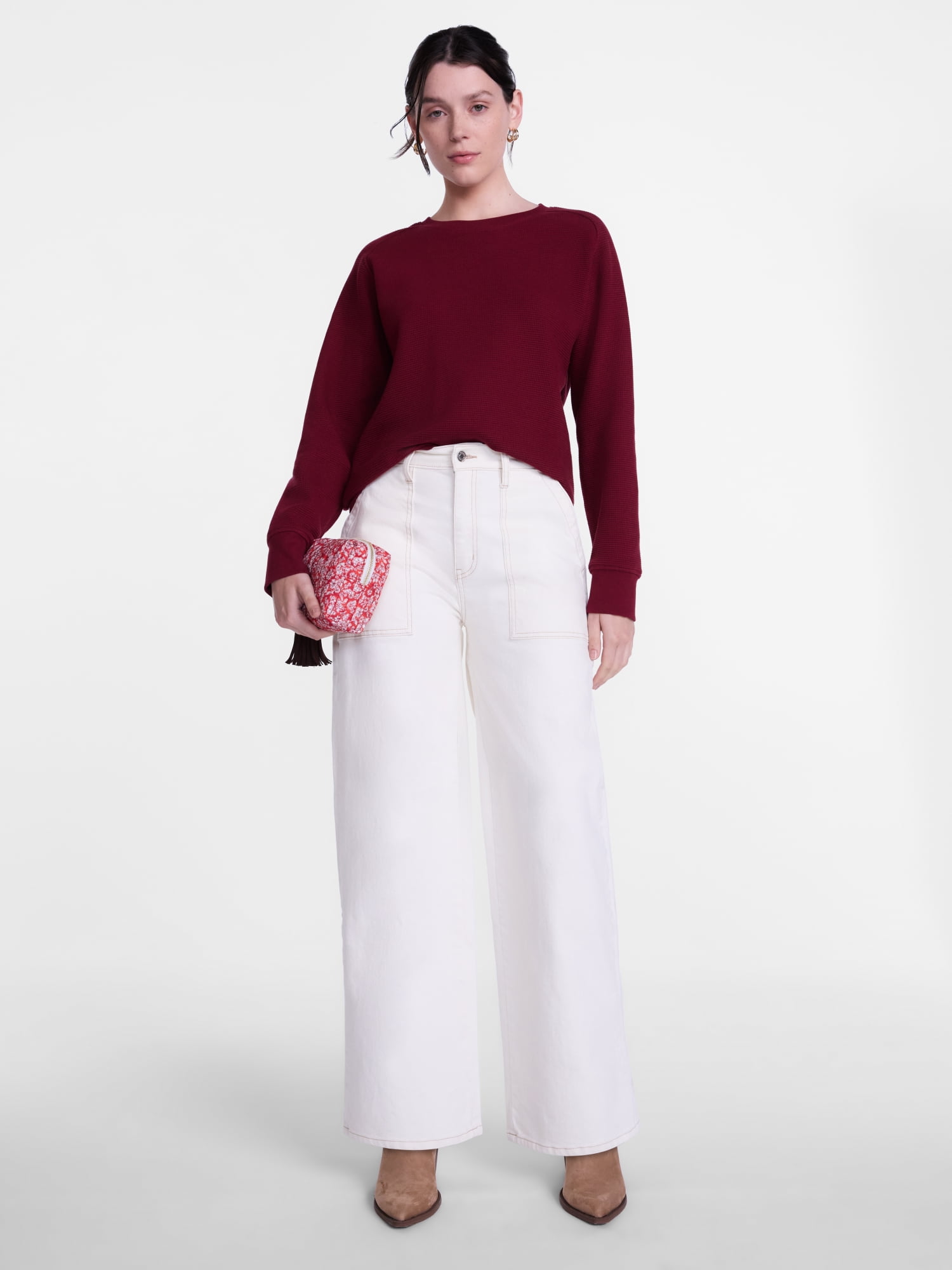 Scenario Women's Waffle Knit Crewneck Tee with Long Sleeves, Sizes XS-XXXL