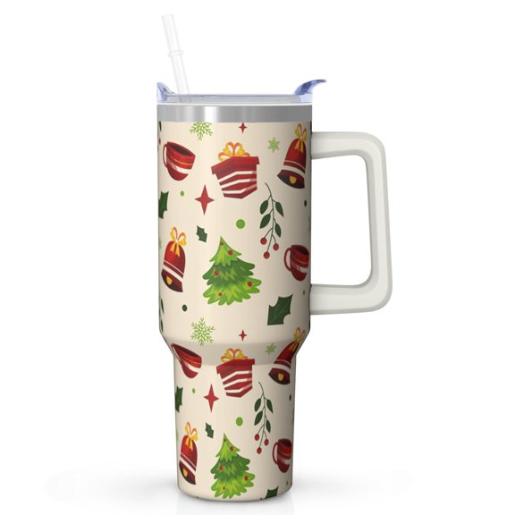 Holiday Xmas 40oz Christmas Tumbler with Handle and Lid, Snowflake Santa Reindeer Mug, Festive Coffee Cup, Stainless Steel Gifts for Women Men