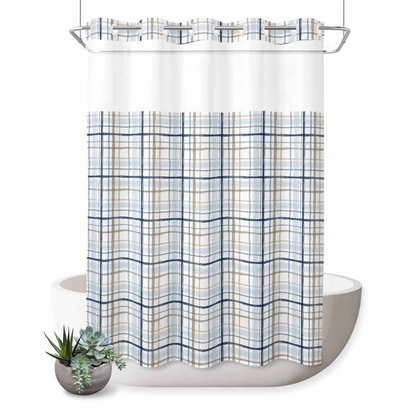 No Hook Shower Curtain, Blue Lines Shower Curtains for Bathroom with See Through Top Window, Modern Gingham Plaid Striped Farmhouse Waterproof & Washable Bath Curtain 60"x72"