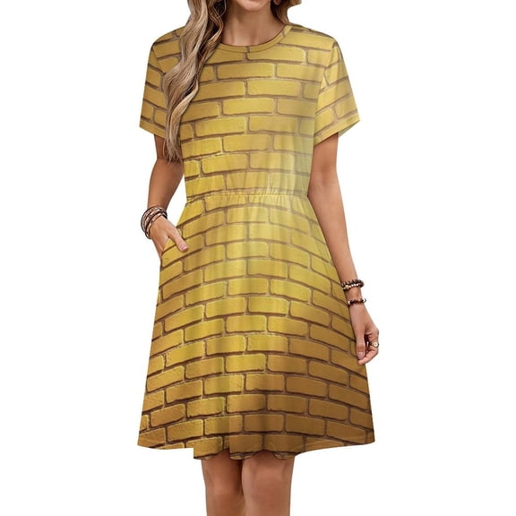 Yellow Brick Stone Wall Sunlight Sundress Short Sleeve Dress Summer Women Clothes Dress for Women Dresses