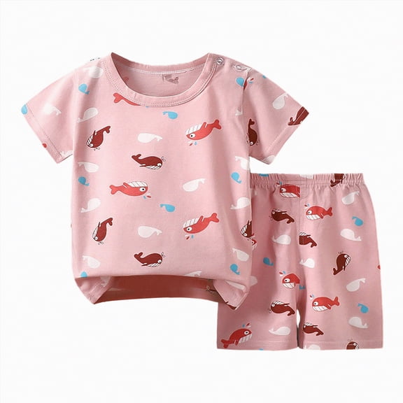 Hessimy Toddler Boy 2 Pieces T-shirts and Shorts Summer Outfit Cartoon Print Shirt Short Set,Stain Resistant(Light Pink,12-18 Months)