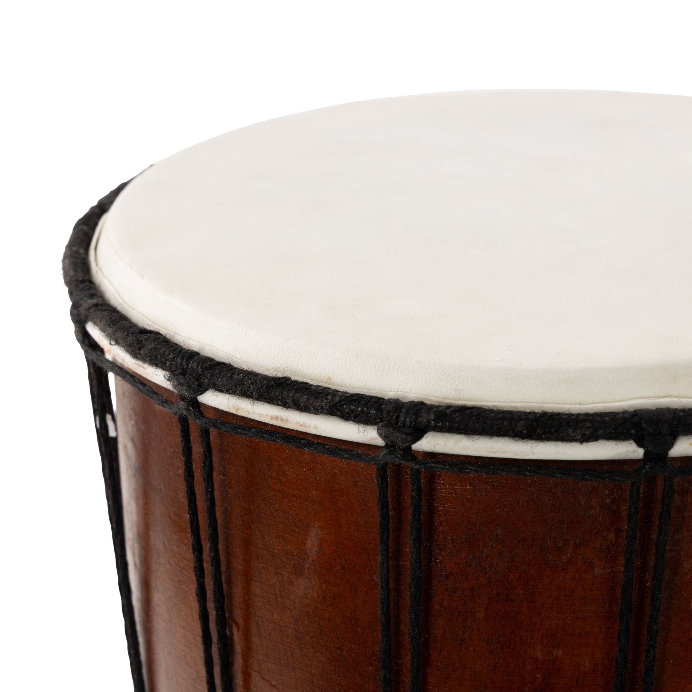 DecMode Eclectic Handmade Djembe Wood Drum Sculpture, 9"W x 16"H Features Ornate/Cow Leather Top Details and Polished Brown Finish