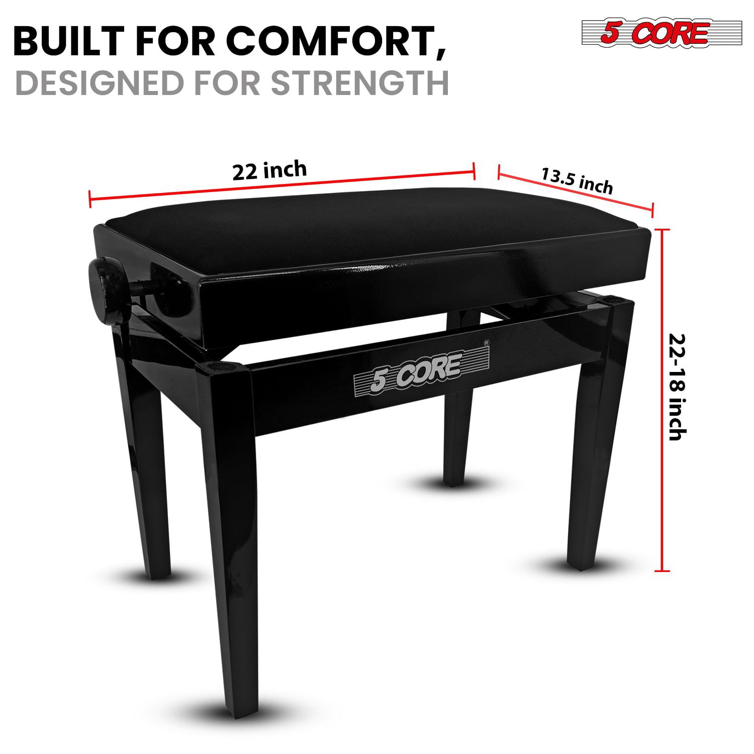 5 CORE Adjustable Piano Bench Thick 3.25" Padded Solid Wood Keyboard Bench Heavy Duty Stool Super Stable Musician Chair