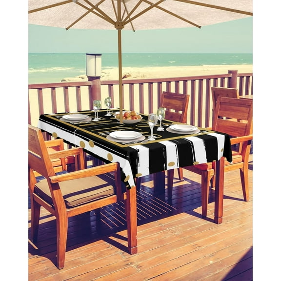 Outdoor Tablecloth with Umbrella Hole and Zipper Happy New Year Outdoor Tablecloths 60x84 Waterproof Table Cloths Black and White Stripes Patio Table Cloth Cover for Outdoor Tables Picnic BBQS Garden