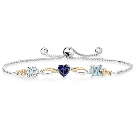 Gem Stone King 925 Silver and 10K Yellow Gold Blue Iolite Sky Blue Aquamarine and Lab Grown Diamond Tennis Bracelet for Women By Keren Hanan (1.58 cttw, Adjustable up To 9 inch)