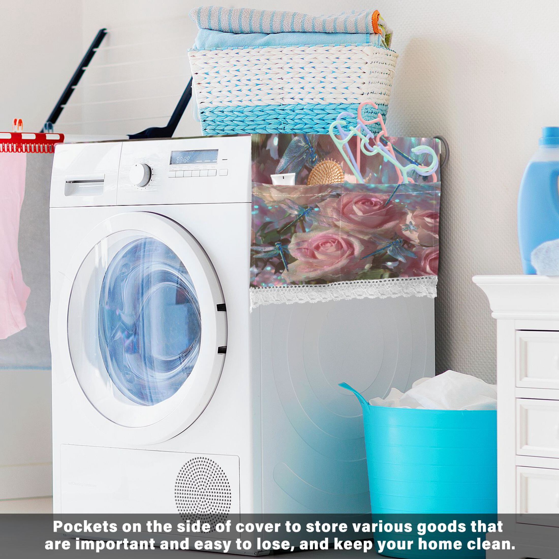 Wobogo Pink Rose Dragonfly Washing Machine Cover Dustproof Washer Dryer Cover Waterproof Laundry Room Decorative Protector