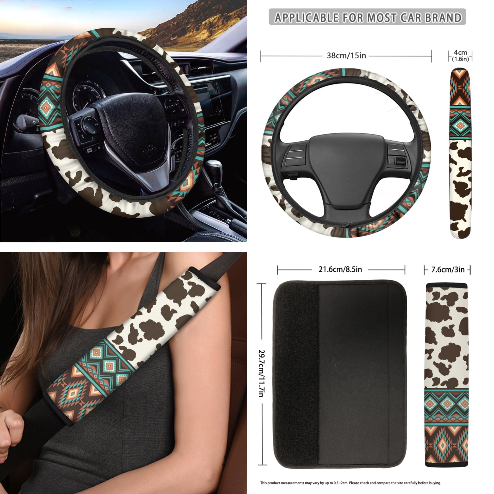 Yuyamidu Brown Cow Print Car Seat Cover Set with Steering Wheel Cover Aztec Seat Belt Pads Armrest Cover Garbage Can Aztec Air Vent Pouch Rearview Mirror Cover Coasters Keychain, 12 Pack