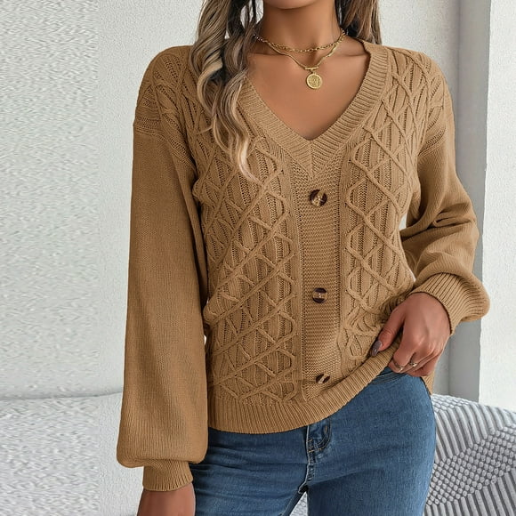zanvin Sweaters for Women,Women Fashion Casual Button Long Sleeve V-Neck Keeping Warm Outing Sweater,Khaki,S