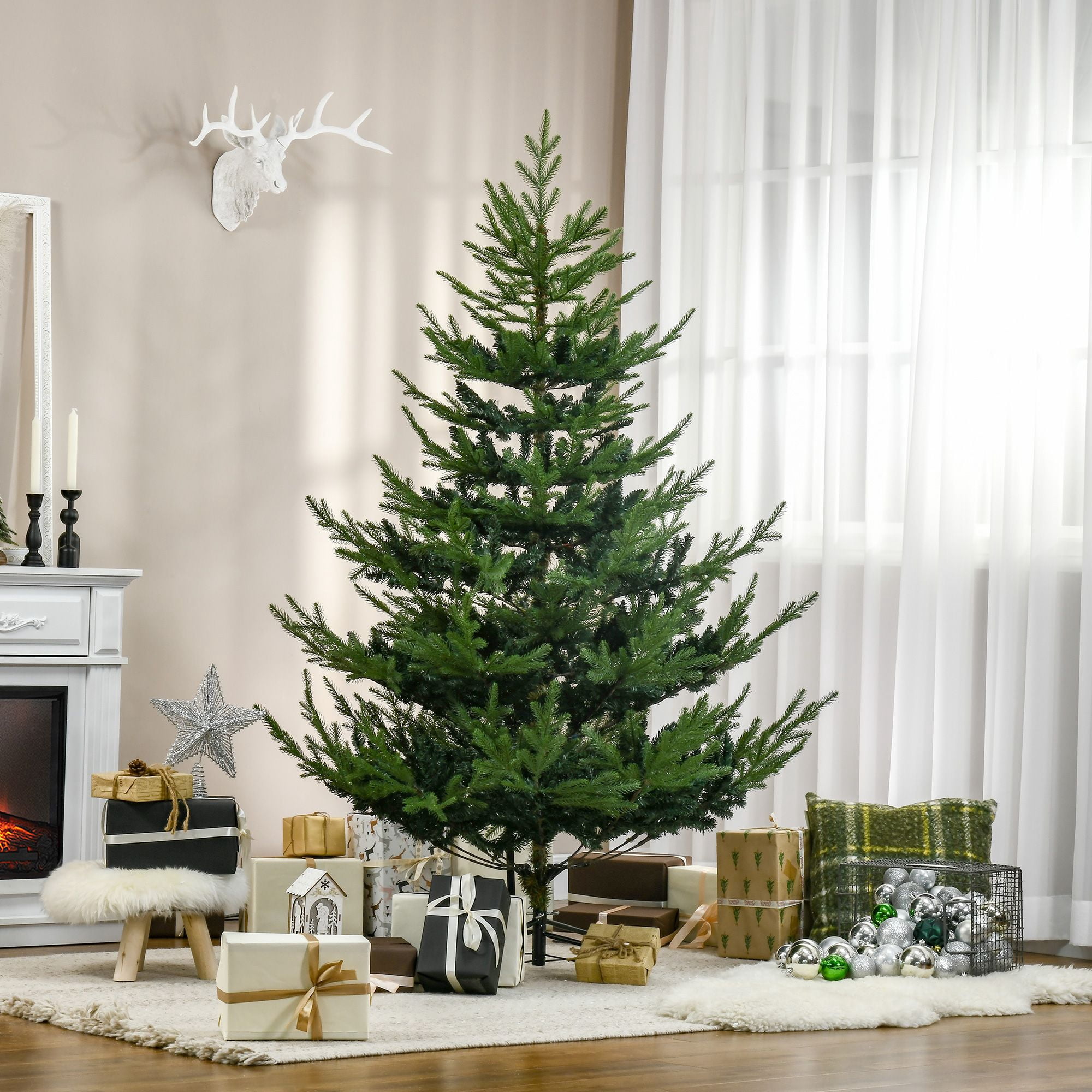 6 Foot Artificial Christmas Tree, Nordic Pine Hinged Xmas Tree with 795 Realistic Branches, Wide Steel Base, Auto Open, Green