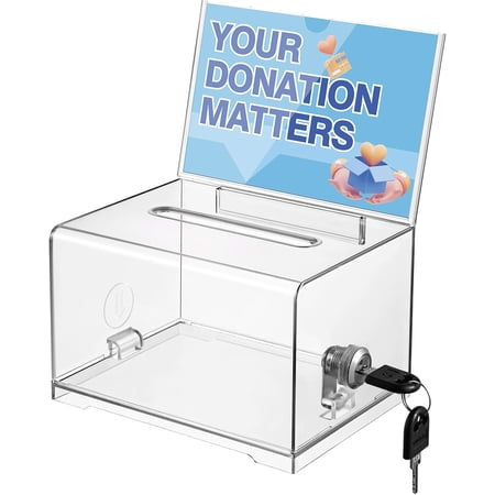 Locked transparent donation box - secure voting box with removable sign frame for money cards ballots tickets feedback collection (diameter 4.75 inches wide 6.29 inches high 8 inches)