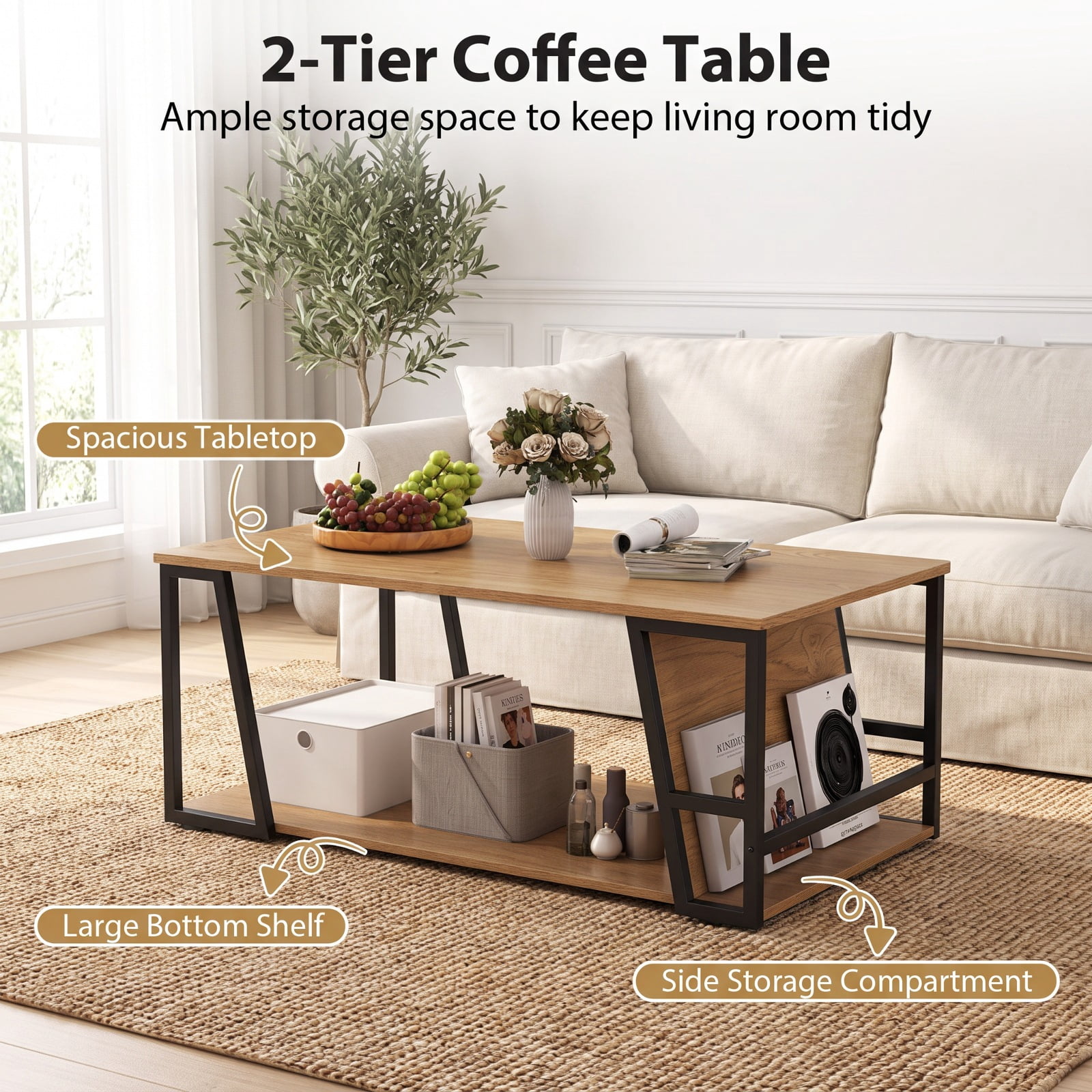 Furnibear Rectangle Industrial Coffee Table 2 Tier Accent Table with Storage Shelf and Side Compartment for Living Room, Natural