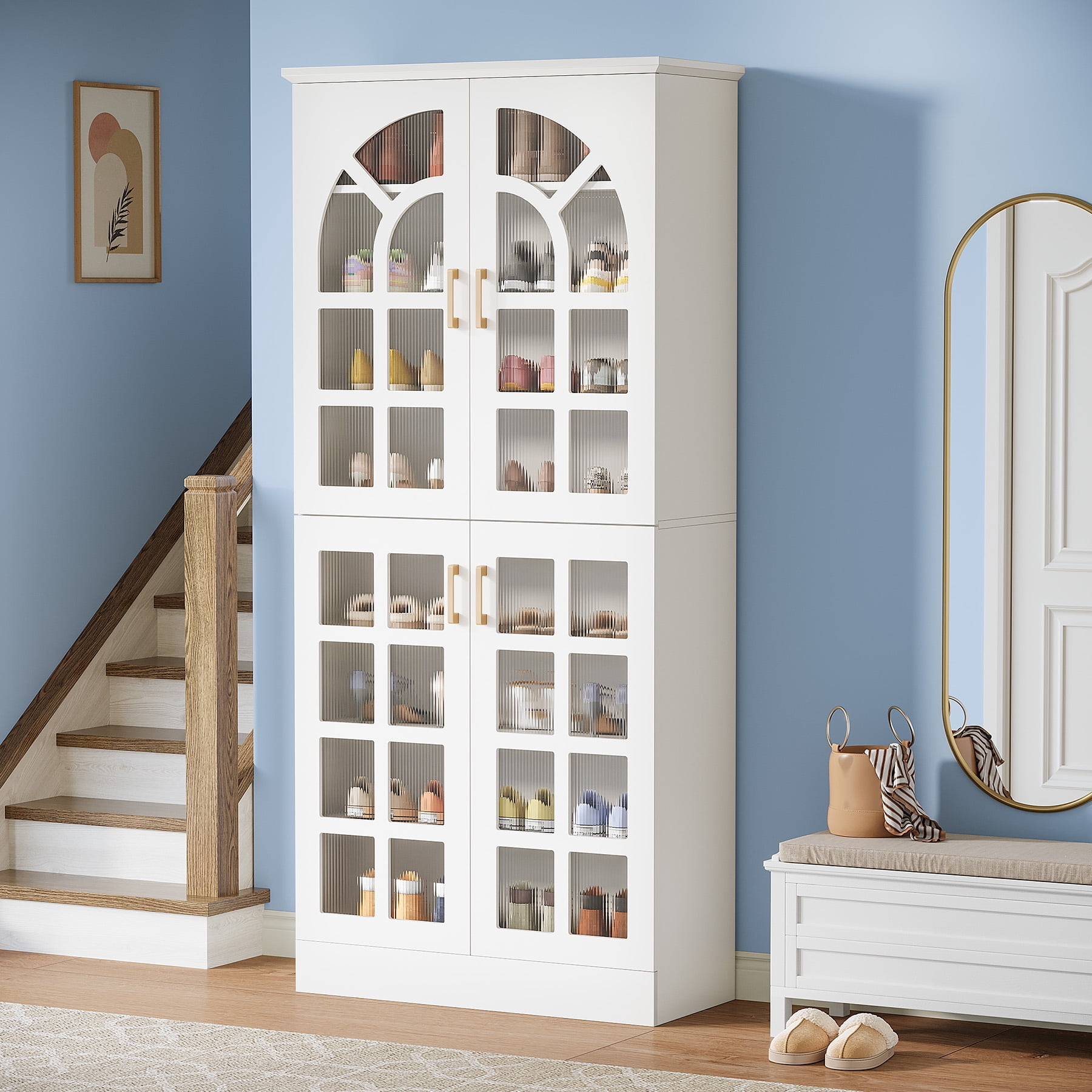 Tribesigns 8-Tier Shoe Cabinet with Doors and Led Lights, 76" Tall Shoe Rack Organizer with Adjustable Shelves for Entryway, Closet, Living Room, White