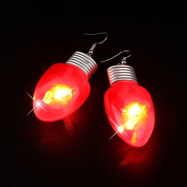 Red LED Light Bulb Dangle Drop Earrings Christmas Light Up Glow in The Dark Huggie Hook Hoop Earring for Women