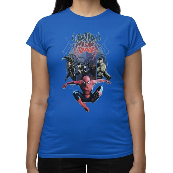Marvel Spider-Man Brand New Day Women's Color Web Villain Panels T-Shirt (Royal, S-XXL)