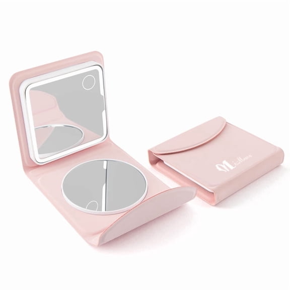 Garnen Travel LED Makeup Mirror Magnification, Folding Portable 1x 5x Magnifying Lighted Makeup Mirror, Dual Mirror 3 Dimming Level Light mode, Rechargeable, Pink