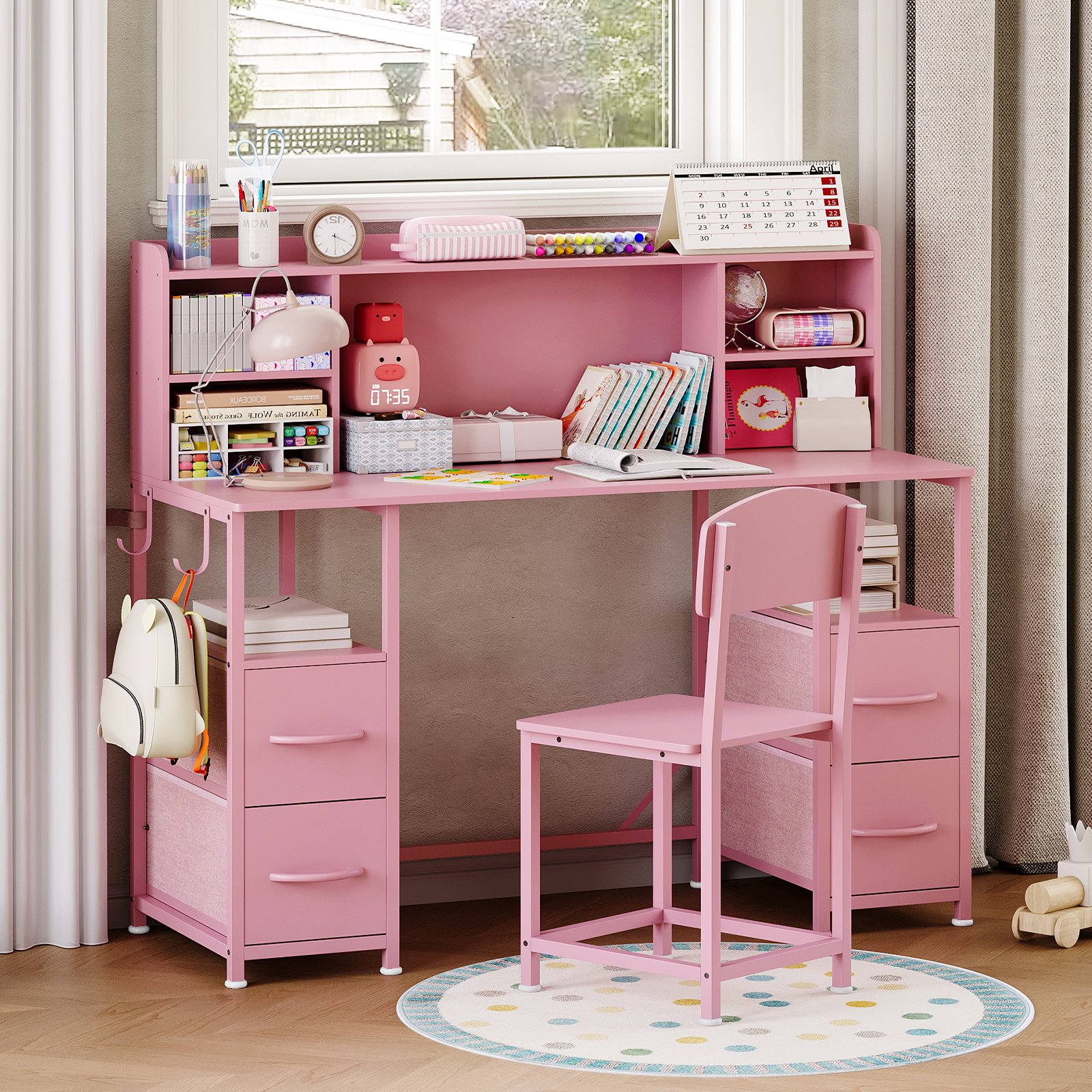 Kids Study Desk and Chair Set with Hutch 4 Drawers Storage Shelves and Hooks Ergonomic Children’s Desk for Bedroom Playroom and Homework