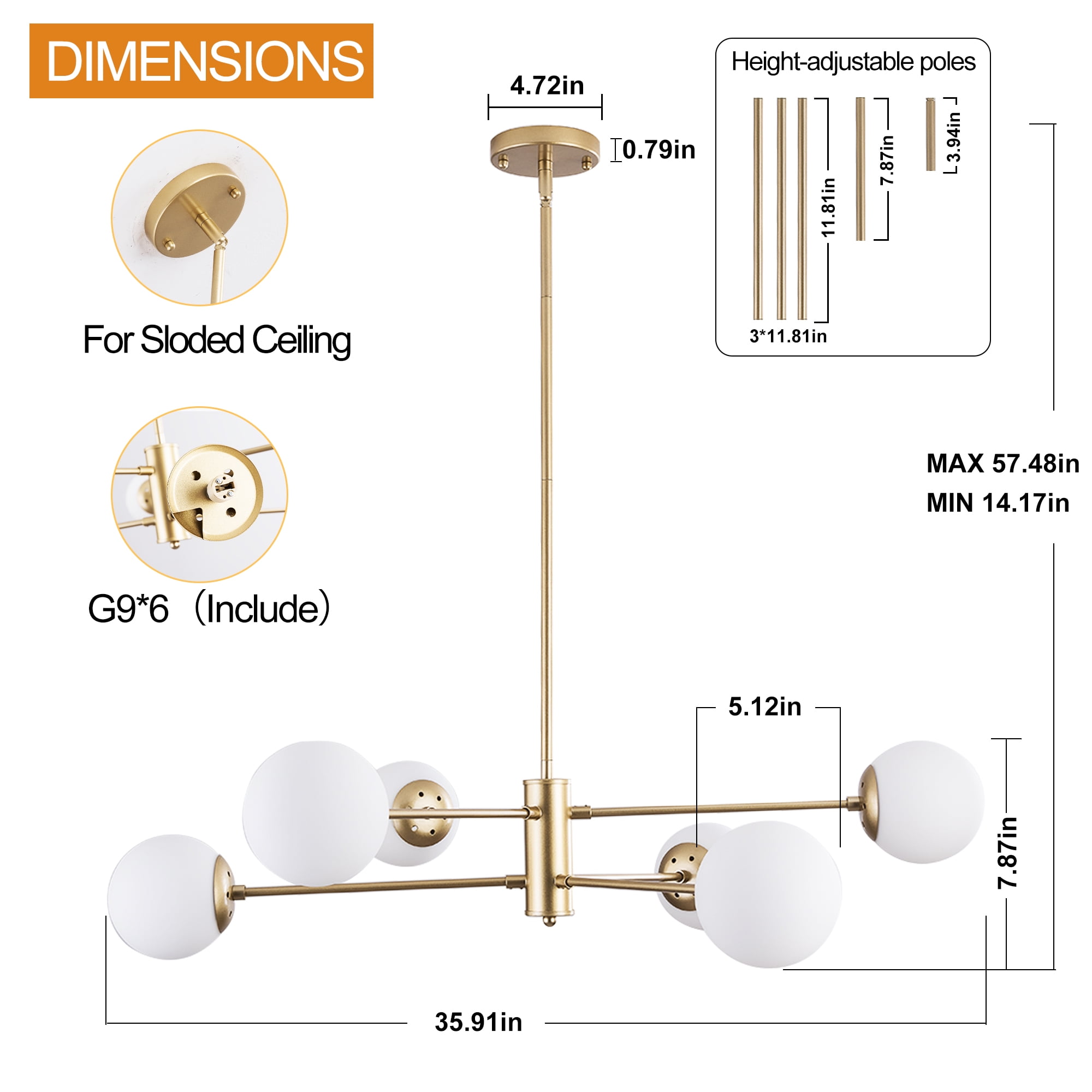 UHG 6-Light Sputnik Chandelier with Milk Glass Shades, Gold Flush Mount Ceiling Light Fixture for Living&Dining Room Bedroom, Modern Farmhouse Pendant Lighting for Kitchen Island Hallway