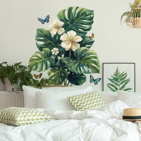 Tropical Leaves Wall Decals Plant flower wall stickers Removable Jungle Green Palms Tree Plant Flower Wall Stickers Peel and Stick Wall Decal, Removable DIY Art Murals Living Room Kids Room Bedroom