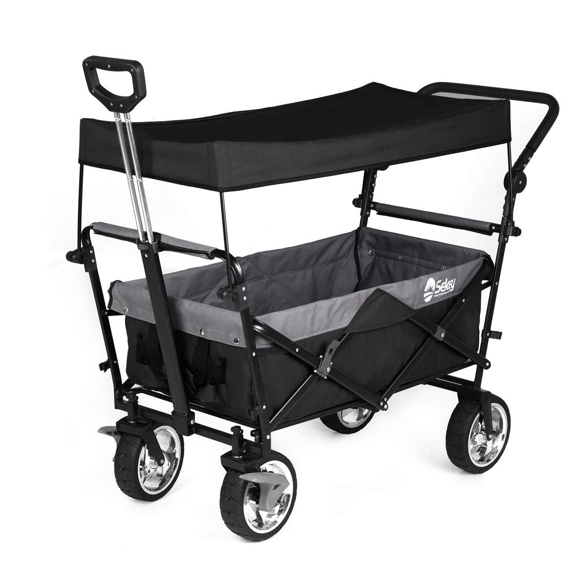 Sekey Folding Wagon with Canopy Collapsible Outdoor Utility Wagon with  Telescopic Push Bar Camping Wagon, Heavy-Duty Wheels with Brakes, Black
