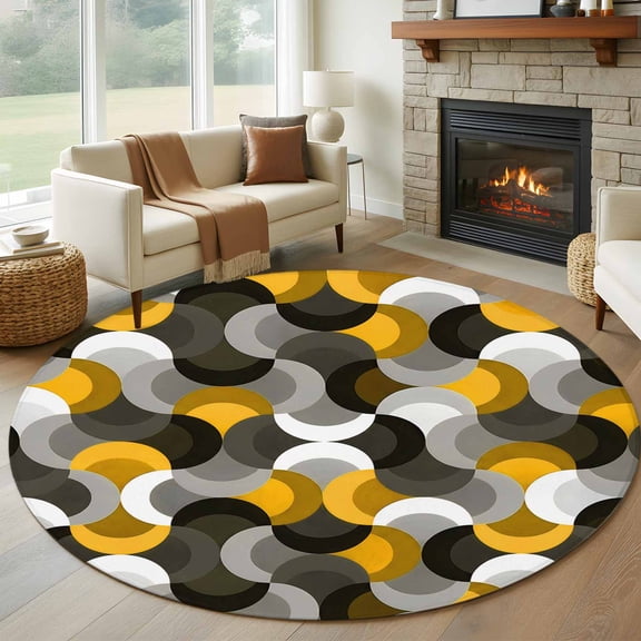 Round Area Rugs Collection 6 Ft, Yellow Grey Abstract Non-Slip Residential Carpet, Modern Geometric Ombre Artwork Indoor Crawling Mats Runner Rugs for Living Room/Dining Room/Bedroom