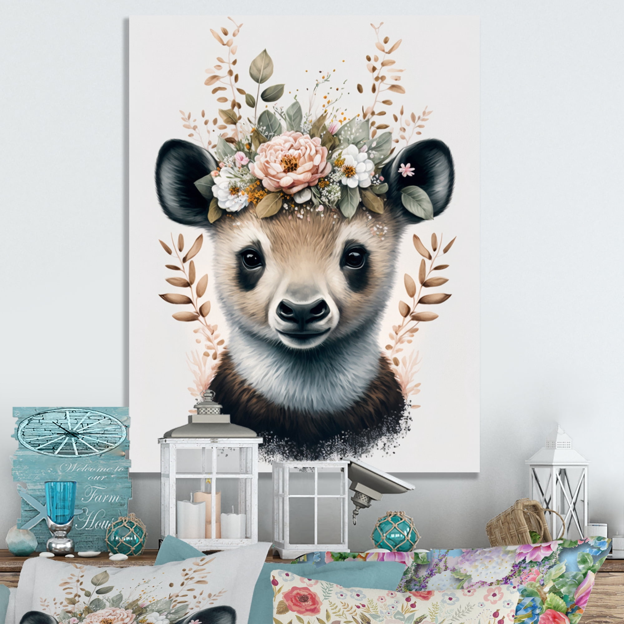 Designart Cute Baby Panda With Floral Crown II Canvas Wall Art