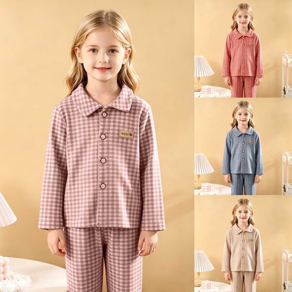 Faraee Girls Fuzzy Pajama Set 2 Piece Soft Plush Fleece Pjs Loungewear Long Sleeve Button Down Tops Pants Plaid Kids Sleepwear Fall Winter Clothes (Blue,3-4 Years)