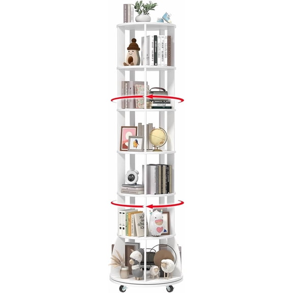 6 Tier Rotating Bookshelf Tower with Wheels, 360° Spinning Book Shelf and Book Case Organizer, Revolving Bookshelves and Bookcases for Small Spaces, Corner, Living Room, Bedroom, Office, White