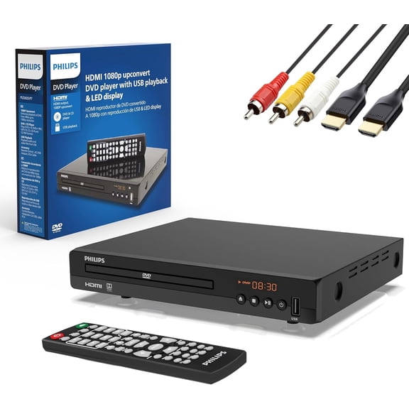 Philips 1080P All-Region DVD Player with HDMI and USB Input for TV, Cables included