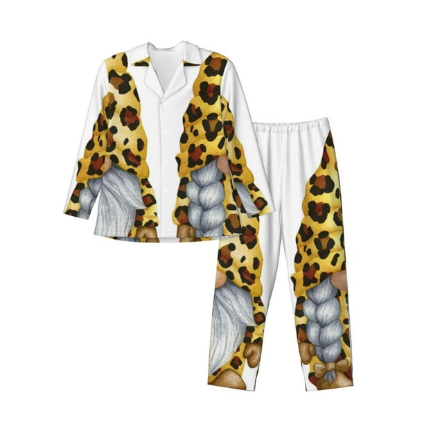 Fotbe Leopard Gnomes Pijama de Hombre con Estampado de Manga Larga, Conjunto de 2 Piezas, Ropa de Dormir Suave y Cómoda con Bolsillos-Small