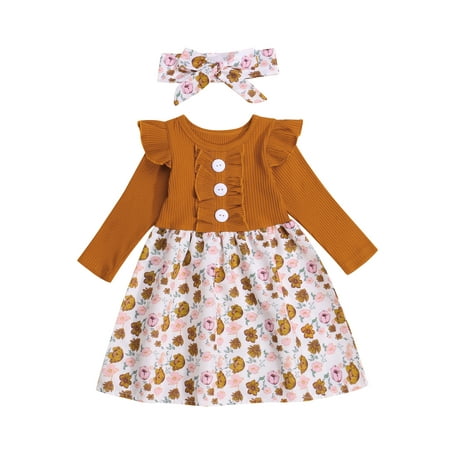 

Canrulo Toddler Baby Girls Casual Floral Dresses Pullover Fall Long Sleeve Patchwork Sundress with Headband Set Brown 2-3 Years