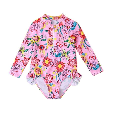 

Girls Swimsuit One Piece Size 90 For 12 Months-18 Months Long Sleeve Floral Prints Beach Swimwear Girls Bathing Suits High Waisted