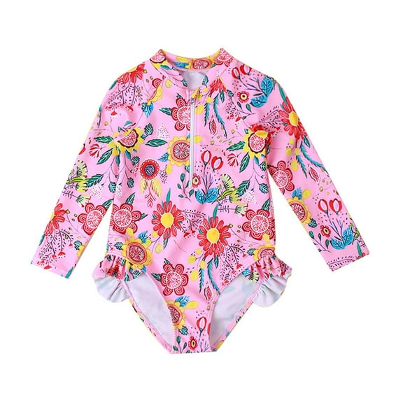 Mercatoo Toddler Baby Girls One-𝐏iece Swimsuit/Floral Print Zipper Long Sleeve Ruffled Swimwear/Rashguard Swimsuit