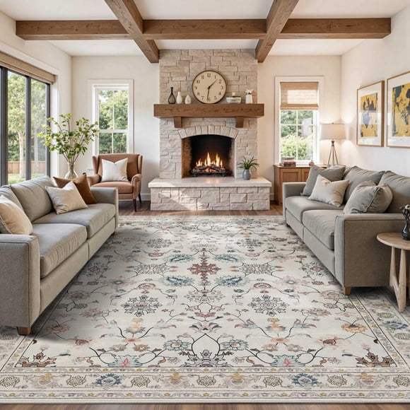 Alfombra Rugxara Floral de 280 x 366 cm, lavable, antideslizante, de pelo bajo