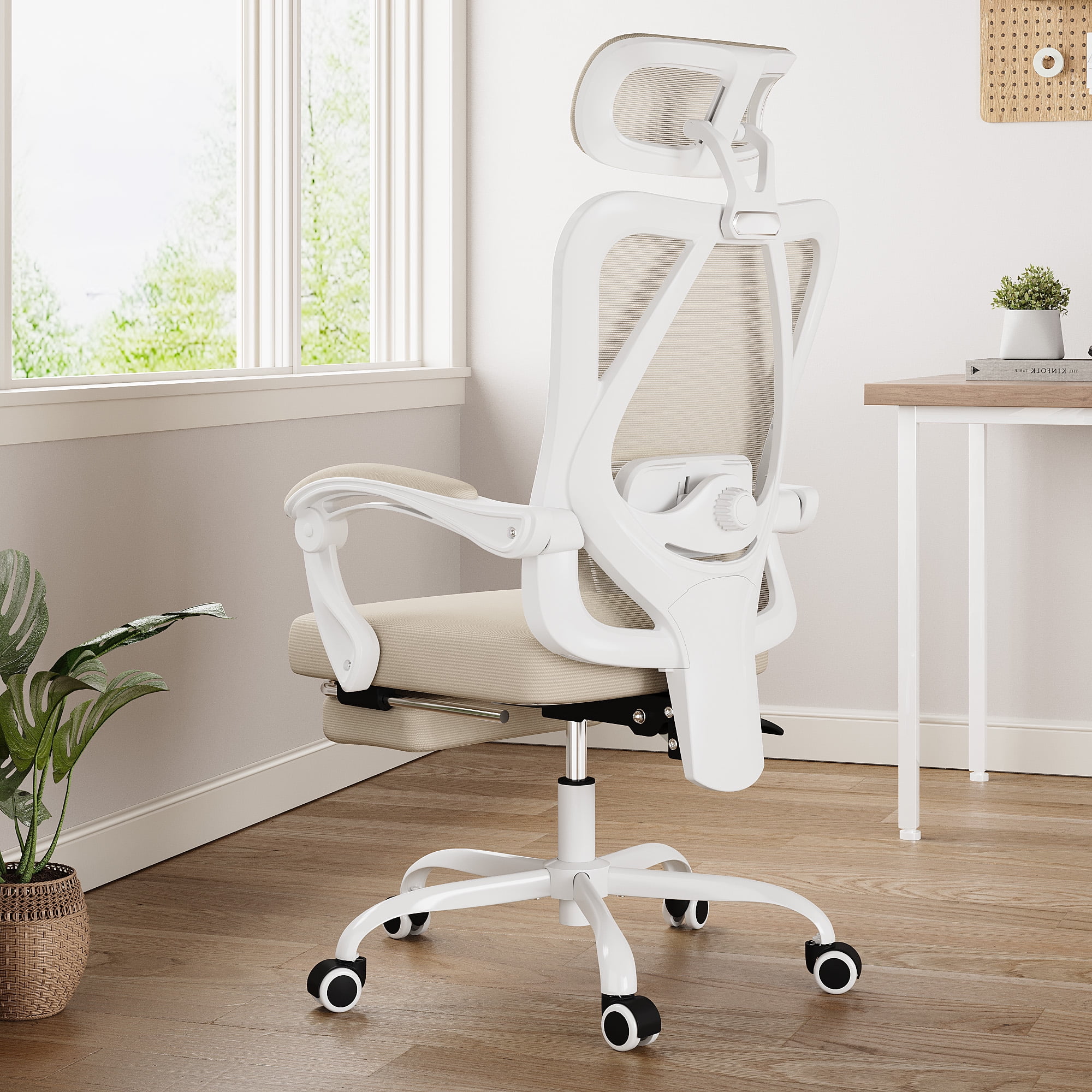 MAYEERTY Ergonomic Mesh Office Chair with Headrest, Lumbar Support, Footrest for Home Office Study, Khaki