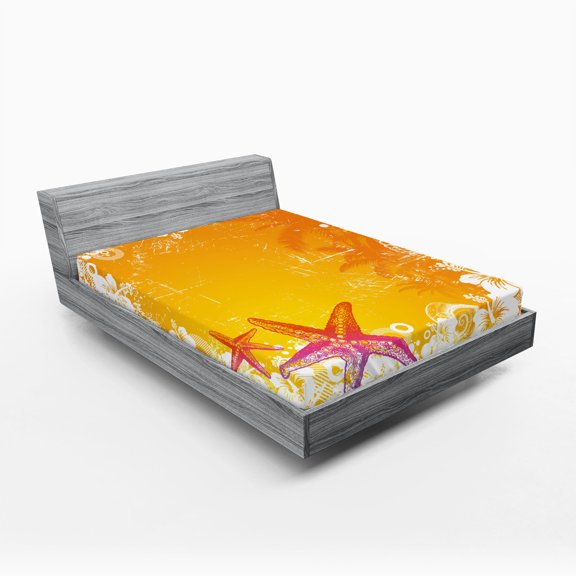 Ambesonne Starfish Fitted Sheet, Exotic Flowers Seastars, Queen Size, Orange Yellow Pink
