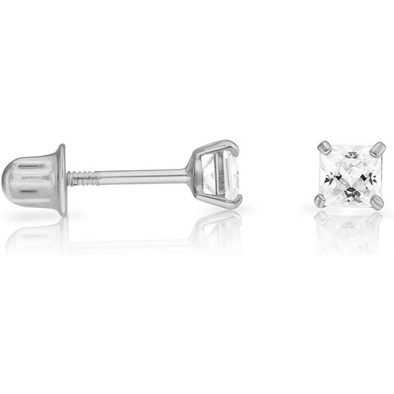 14k White Gold 3mm Cubic Zirconia Princess-cut Square Stud Earrings with Screw Backs