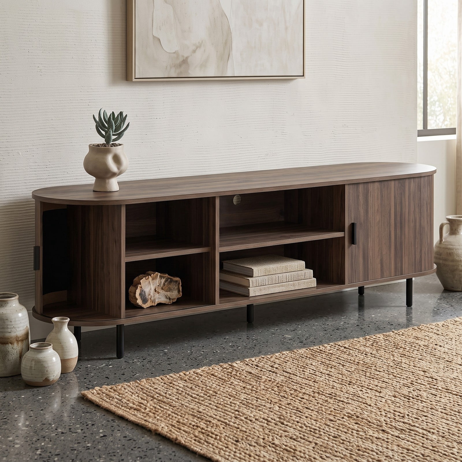 Furnibear 80 Inch TV Stand Mid Century Modern Entertainment Center with Fluted Sliding Doors, Wood Media Console Table with Storage Shelves for Living Room, Walnut