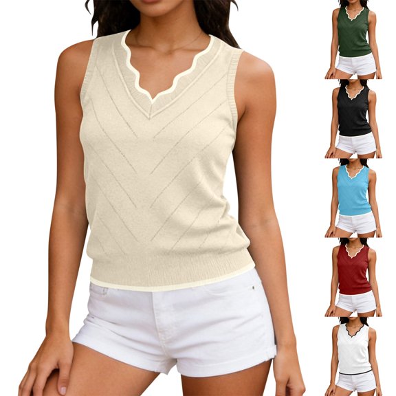 Hesxuno Women Casual Lounge Tank Tops Slim Fit Knitting Cotton Sleeveless Tops Scalloped V-Neck Tanks Comfortable Daily Wear Summer Tee Tank Army Green