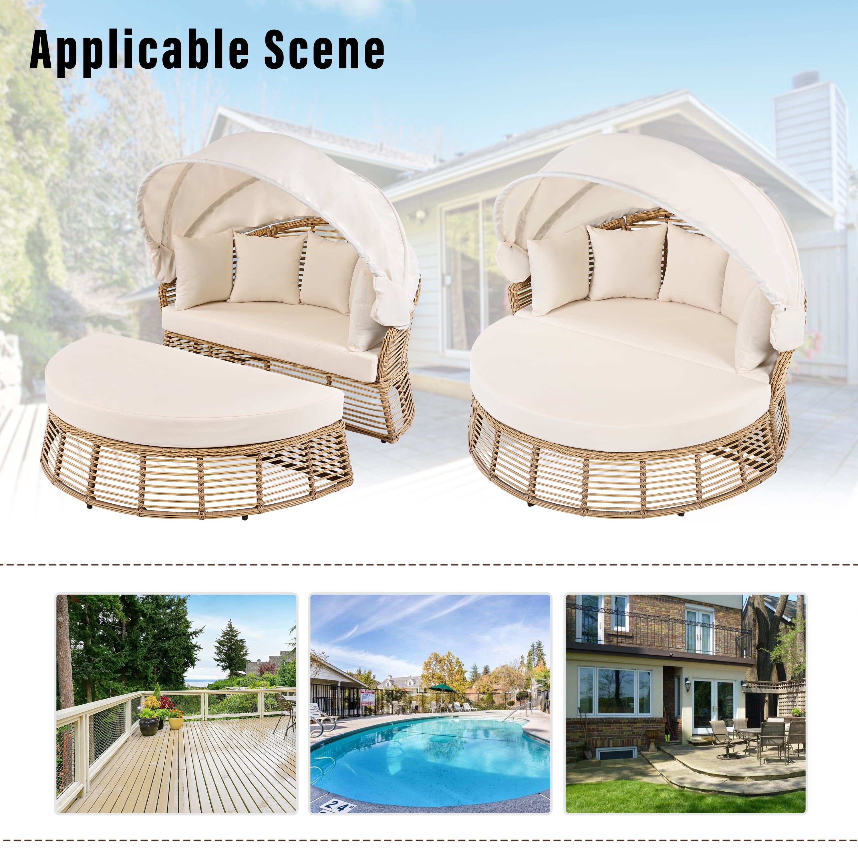 Outdoor Round Daybed, Rattan Frame with Retractable Canopy and Removable Cushions for Backyard Porch, Beige