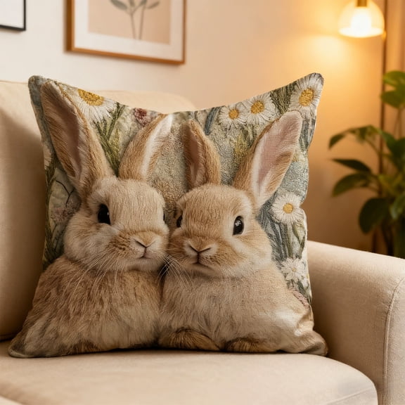 POLISE Spaces Easter Bunny Short Plush Pillow Cover – 17.7x17.7 Inch Polyester Rabbit Floral Printed Cushion Case, Spring Sofa Couch Bedroom Decorative Throw Pillowcase Home Accent