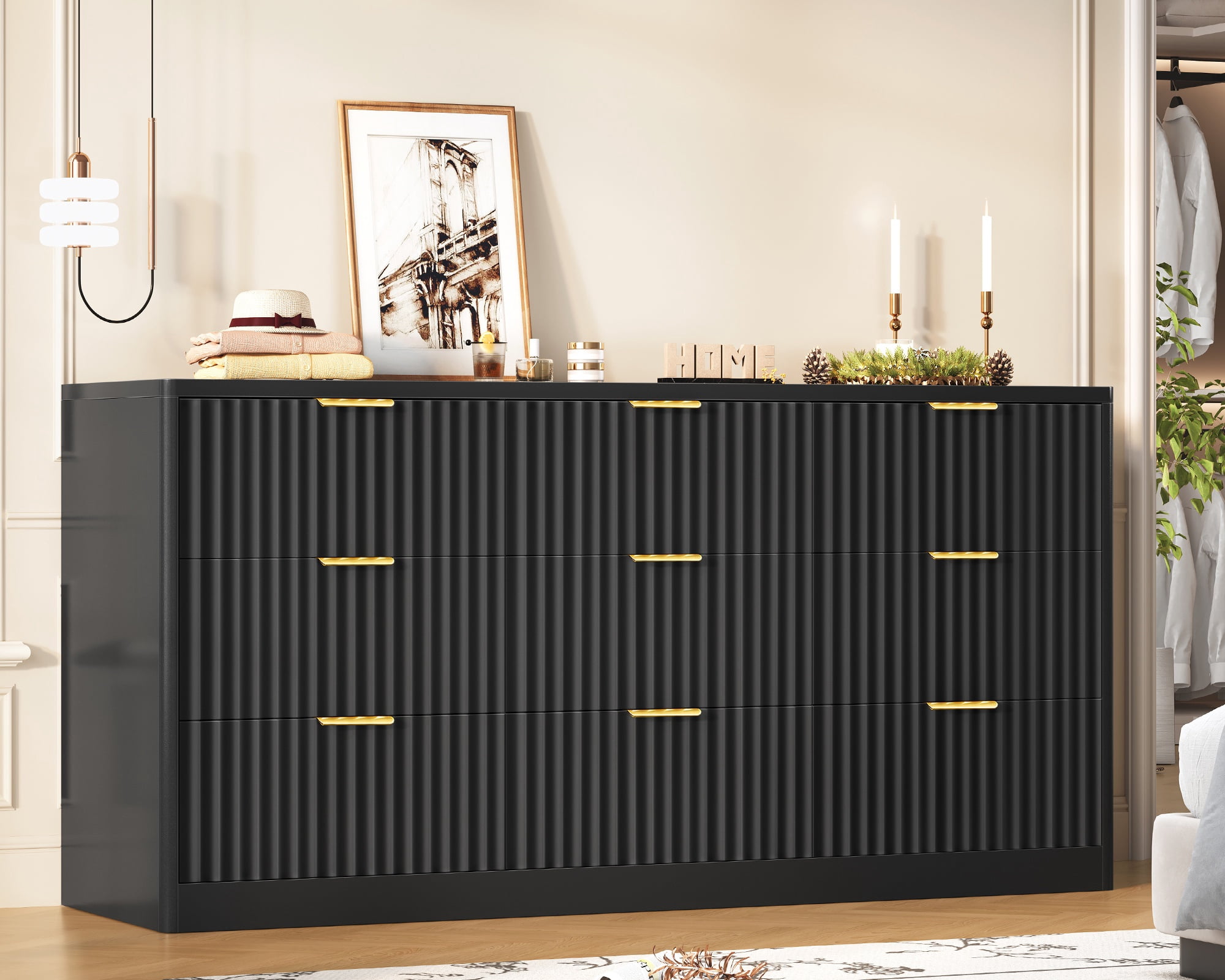 TEENFON Fluted Dresser with 9 Drawers, 63" Wide Modern Chest of Drawers with Metal Handle, Wood Closet Clothes Storage Organizer for Living Room, Hallway, Black