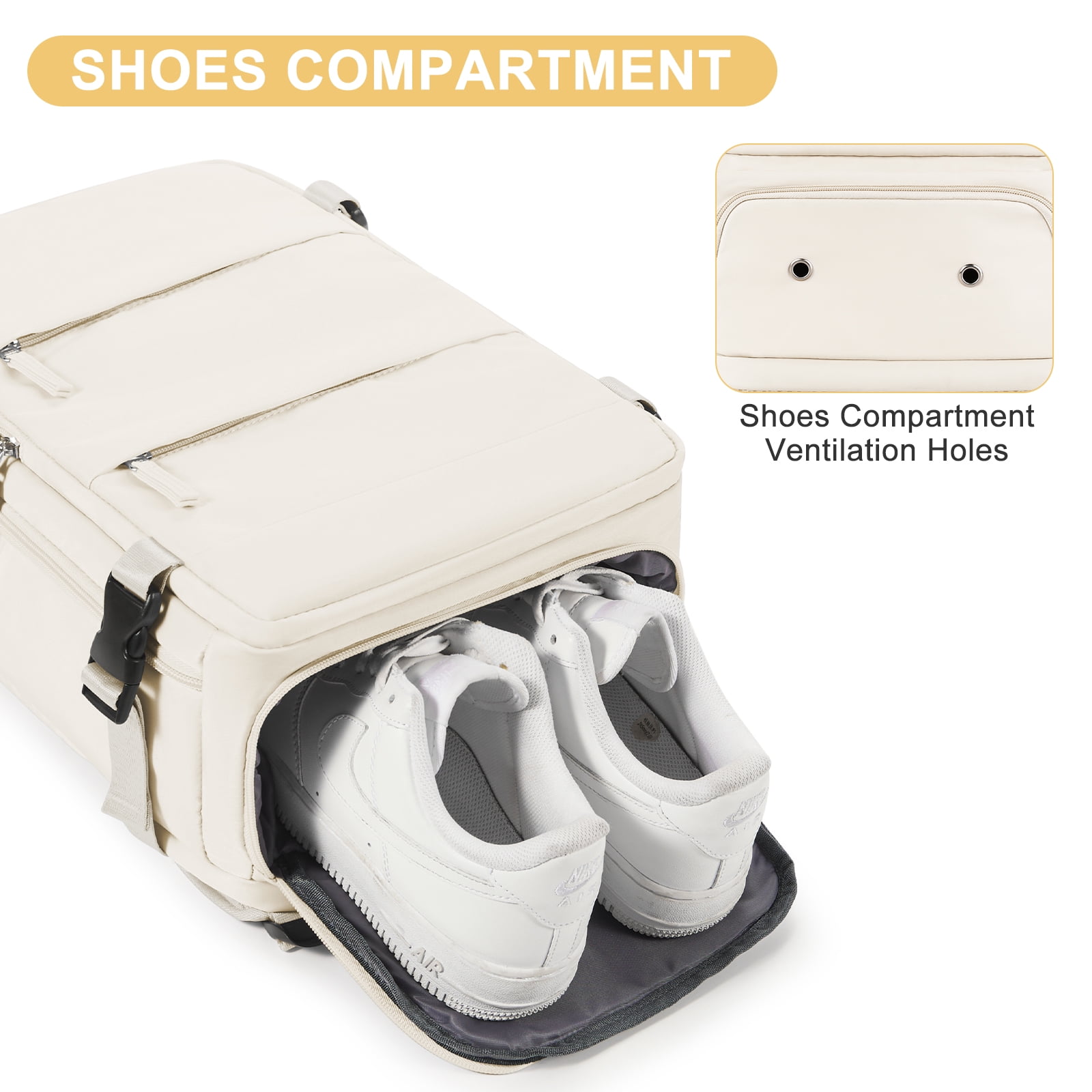 SYCNB Carry On Airplane Approved Waterproof Travel Backpack, Large Daypack with Shoes Compartment & Laptop Sleeve for Women & Men, Hiking & Casual, Beige Flight Personal Item Bag