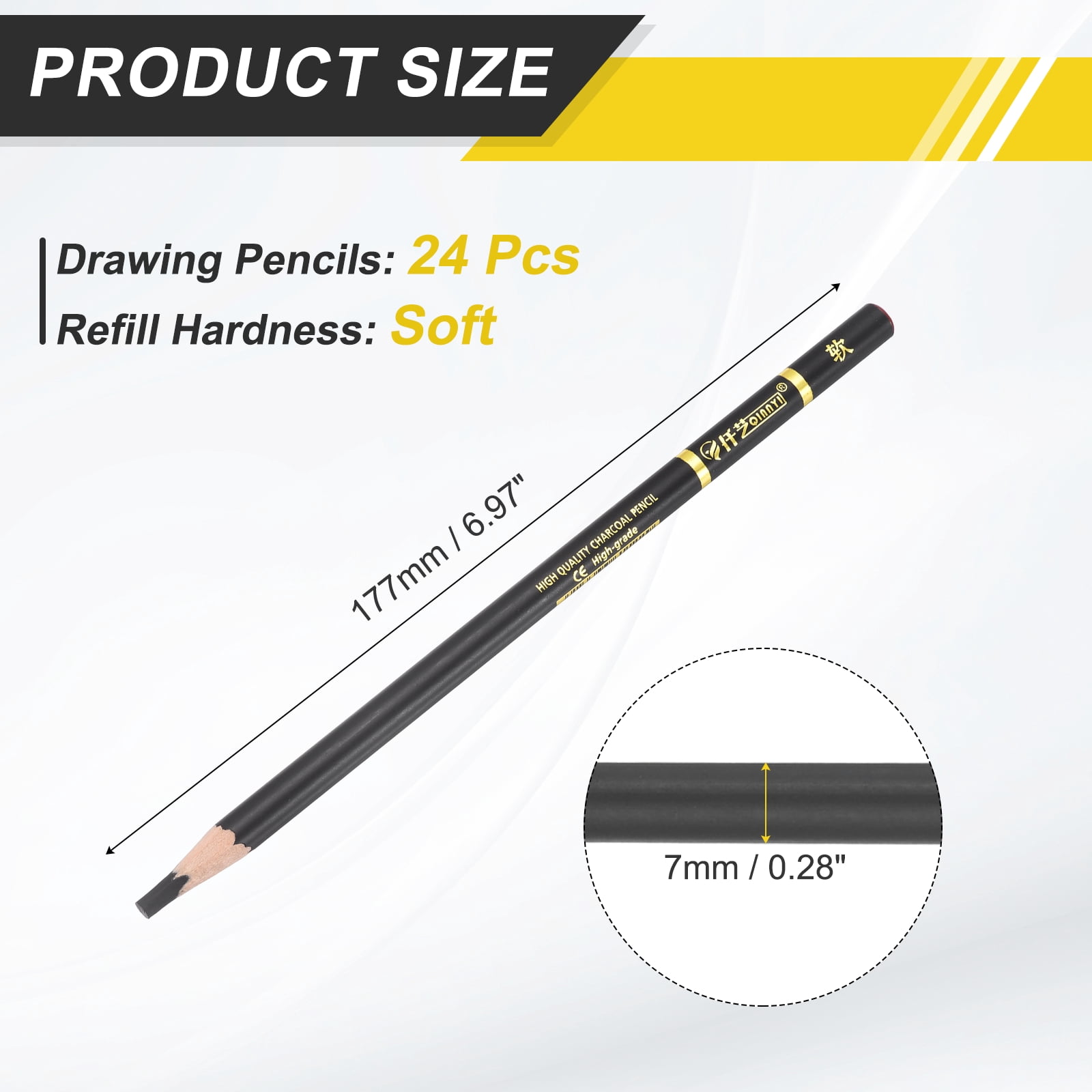 Uxcell Soft Charcoal Pencils for Drawing, 24Pcs Professional Charcoal Pencils Art Supplies Set Oily Black Break-Resistant for Sketching Artists Beginners Shading Blending