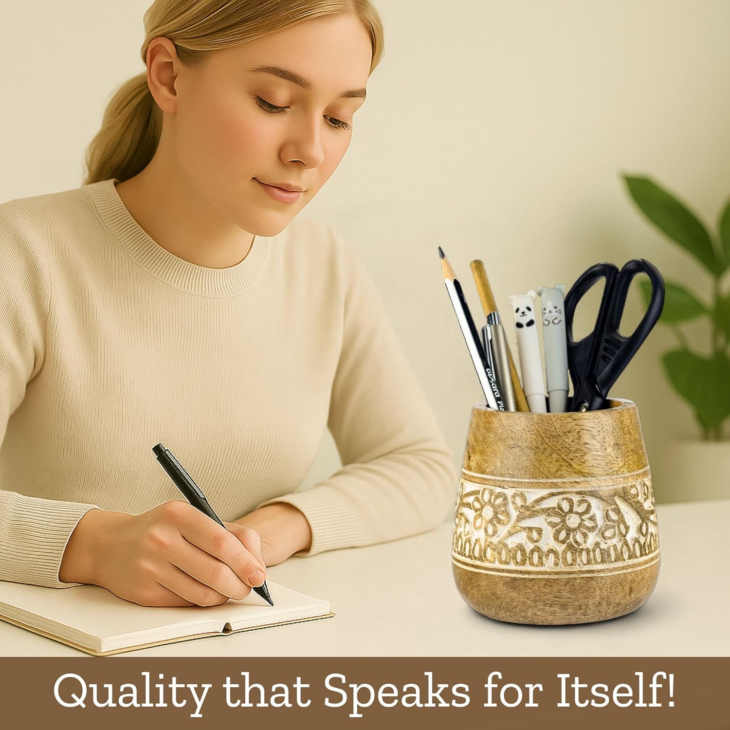 Designer Pencil Holder for Desk Wood | Paintbrush Holder Cup, Desk Accessories, Cute Make Up Brush Organizers | Office Desktop, Wooden Pen Stand | Stationary, Art Supplies | White-4''