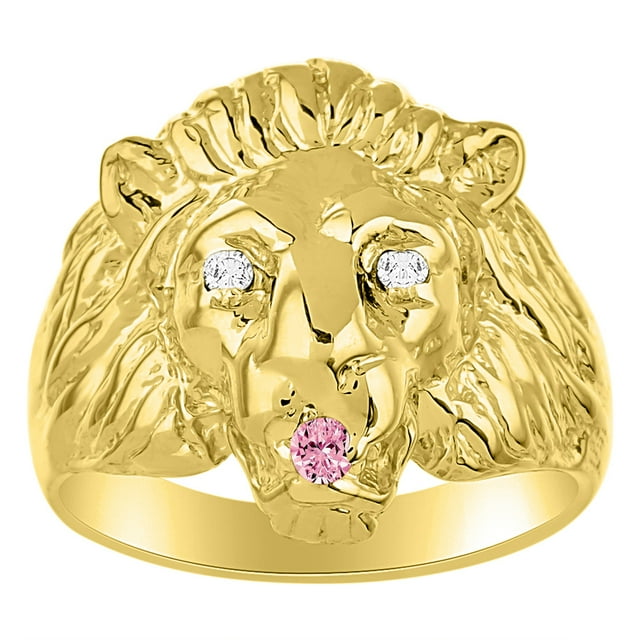 RYLOS Rings Gold Plated Silver Lion Head Ring Diamonds in Eyes & Gemstone Mouth Fun Designer Rings Pink Ice Jewelry Size 13