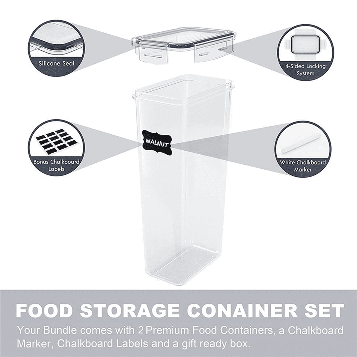 Airtight Tall Food Storage Container Set, 4Pcs 2.8L Spaghetti Containers for Pantry Organization and Storage